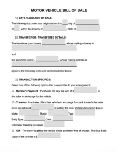 Motor Vehicle Bill of Sale Form