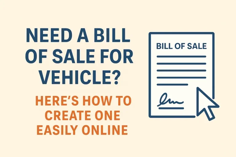 Illustration showing a digital bill of sale for vehicle with a clickable form icon, emphasizing online document creation.