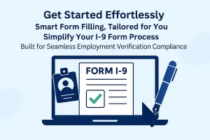 Illustration showing Form I-9 Employment Eligibility Verification with ID badge, pen, and a computer cursor pointing at the form, highlighting online completion.