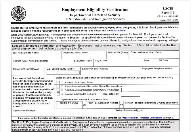 Example filled I-9 form showing employee and employer verification sections.