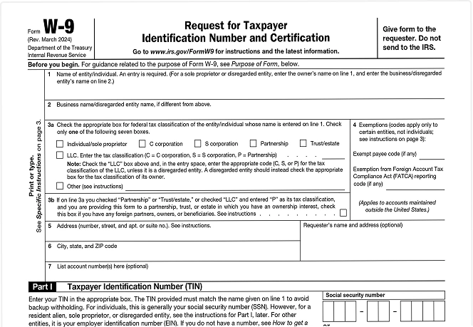 Sample filled W-9 form showing taxpayer information and signature fields.